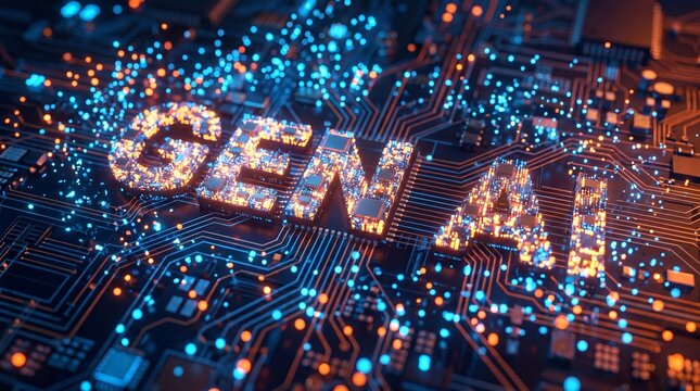 A futuristic digital circuit board with glowing lights forms the word "GEN AI," symbolizing generative artificial intelligence technology.
