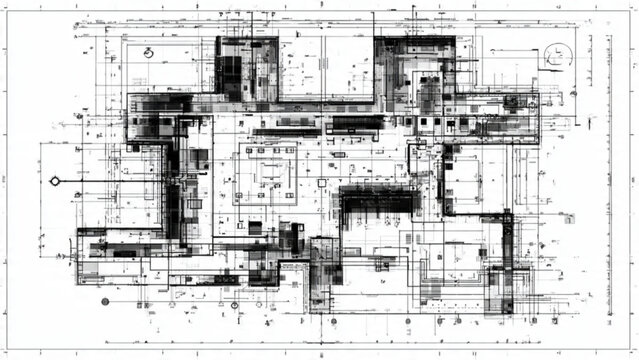 Architectural blueprint featuring detailed structural design and geometric layout in monochrome style