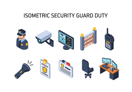 A collection of ten isometric security icons featuring a guard camera monitors gate radio flashlight and desk