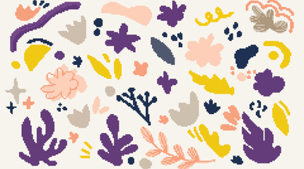 Obraz premium Abstract organic shapes and botanical elements in a playful, colorful composition on a textured background.