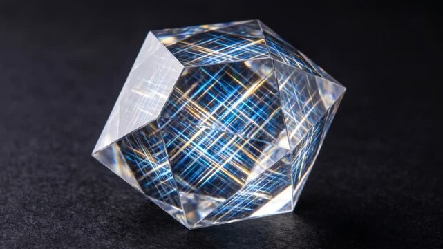 外形を維持したまま不透明な多面体の内部が発光する結晶構造へと置換される仮晶の抽象CGアニメーション