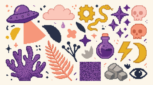 A vibrant pixel art collection of mystical and cosmic elements, including a UFO, potion, skull, snake, and celestial bodies.