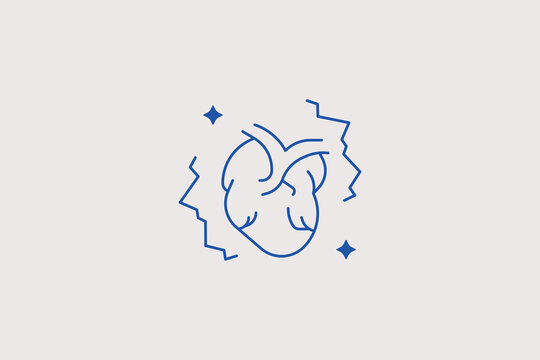 Human anatomical heart surrounded by lightning spark lines line icon for arrhythmia heart attack diagnostic clinic, cardiology emergency service. Bold vector illustration for danger.