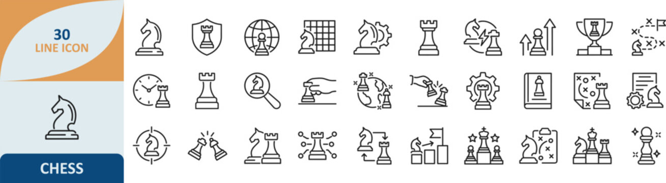 Chess board game strategy icons set with strategy checkmate competition intellect tournament recreation planning thinking collection isolated illustration abstract intellectual