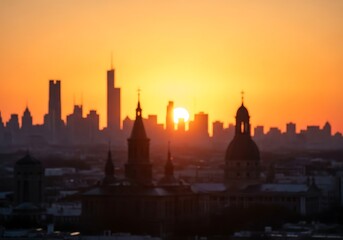 Obraz premium Dramatic silhouette of a city skyline against a vibrant orange and yellow sunset creating a peaceful urban landscape