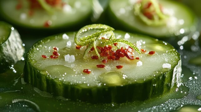 Frutas con chile featuring fresh cucumber slices topped with red chile flakes, coarse sea salt and lime zest garnish, macro food photography with water droplets