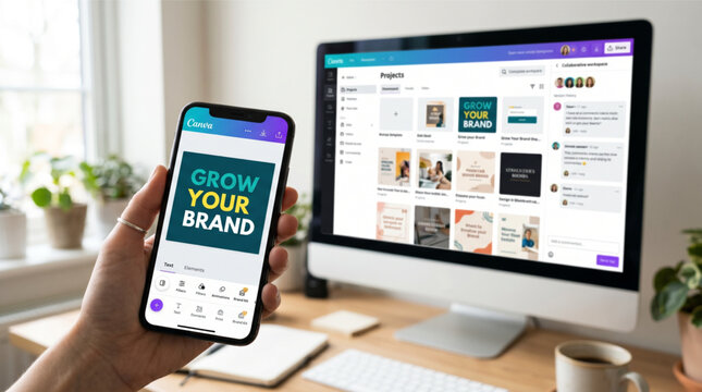 Female hand holding a smartphone iPhone with Canva app screen showing Grow Your Brand text. Desktop iMac monitor with Canva workspace projects interface in bright home office background setting.