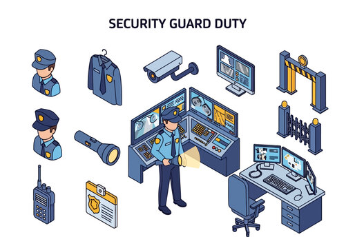 Isometric illustrations of security guard equipment a workstation and personnel with surveillance gear