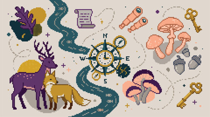 Obraz premium A whimsical pixel art illustration depicting a forest adventure with a deer, fox, compass, map, keys, and mushrooms.