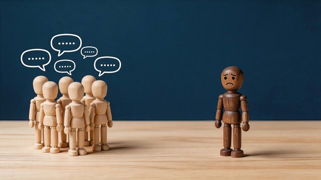 Sad wooden mannequin standing alone separated from group of people, feeling lonely excluded or bullied, social isolation and mental health concept