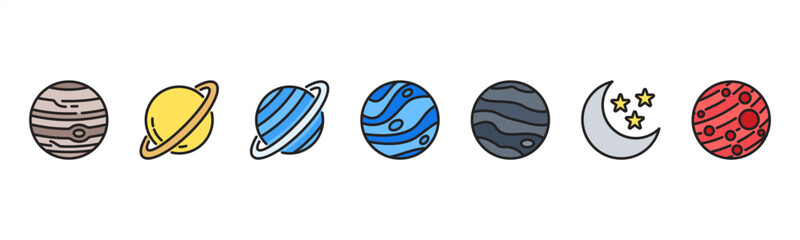 Outer Planets set featuring Jupiter, Saturn, Uranus, Neptune, Pluto, Moon, Mars for astronomy visuals. © Dewi Sari