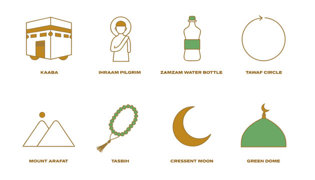 Hajj and umrah islamic icons set symbols for pilgrimage