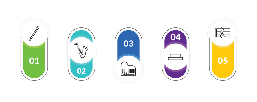 outline music and media icons set - pennywhistle, jazz, half rest, quarter note rest. editable vector for web and mobile ui