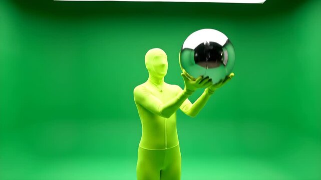Person in full green chroma key suit throwing and catching a shiny metallic chrome ball in a green screen studio for VFX lighting reference