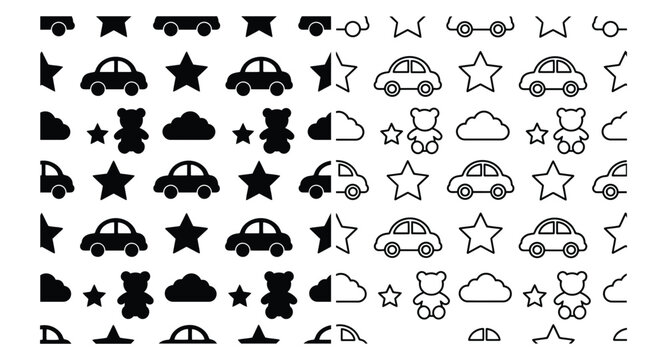 Repeating Pattern Of Cars Bears Stars And Clouds In Black Silhouette automobiles vehicles teddy stuffed