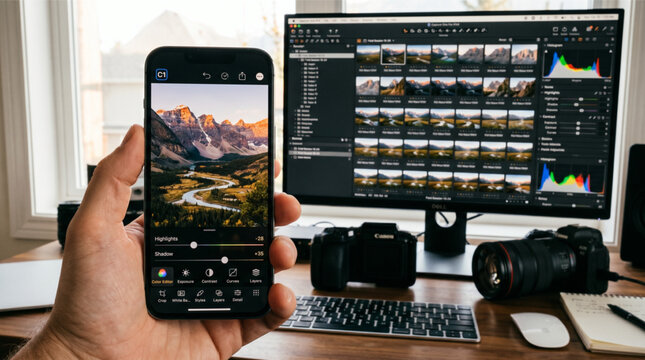 Hand holding a smartphone iPhone with Capture One Pro photo editing mobile app interface on the screen. Professional photography workspace with monitor, desktop software and Canon camera blurred.