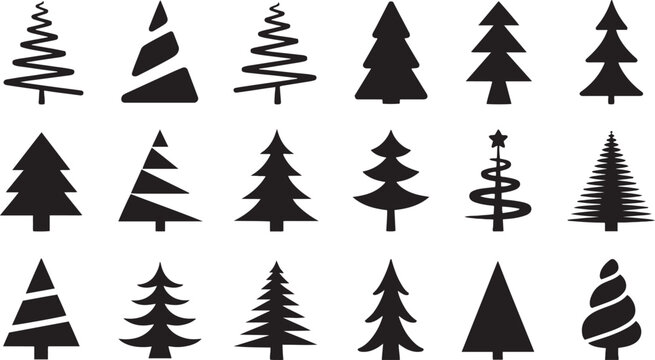 Diverse assortment of minimalist pine tree shapes and abstract geometric evergreen icons for artistic branding