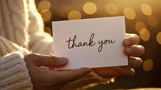 Thank you card held by a person wearing a cozy sweater with beautiful warm golden bokeh background