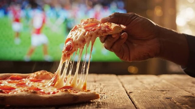 Closeup of a person holding a slice of delicious pepperoni pizza while watching a soccer game on television in a cozy living room setting