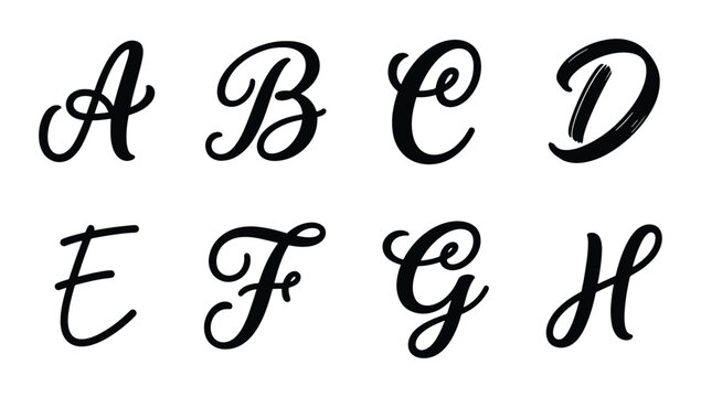 Elegant Script Alphabet Letters A-H, Calligraphy Font, Decorative Typography, Classic Design Elements