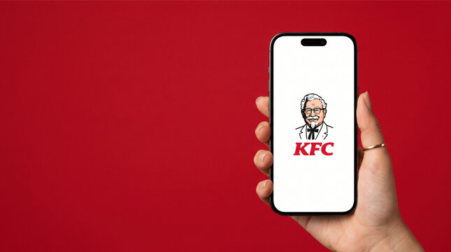 Female hand holding a smartphone iPhone 15 Pro with KFC Kentucky Fried Chicken fast food app logo on the screen. Minimalist red background for food delivery and restaurant marketing mockup.