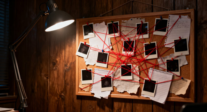 High Resolution Photograph of a Detective Investigation Board with Photos and Red String Under a Desk Lamp