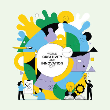 A colorful graphic celebrating World Creativity and Innovation Day with people and symbols
