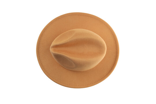 Brown felt hat with a rounded crown and wide brim, isolated, PNG
