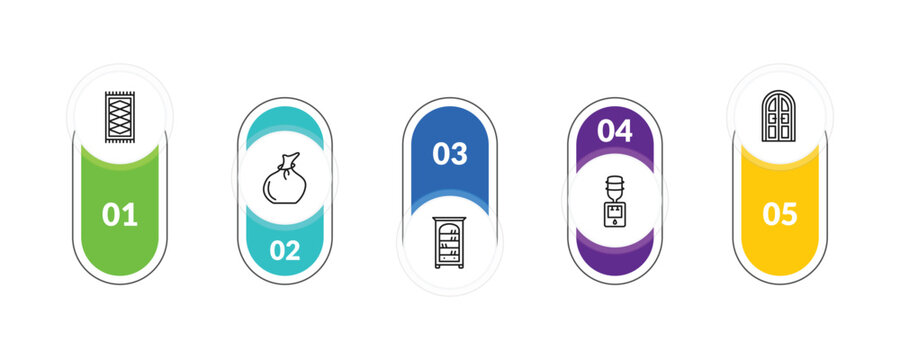 outline furniture & household icons set - rugs, garbage bags, water dispenser, double door. editable vector for web and mobile ui