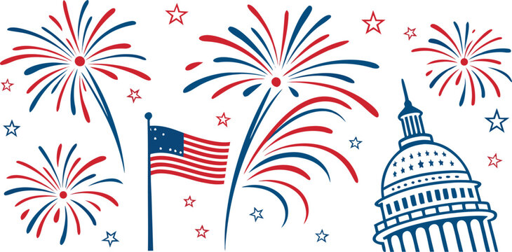 American flag fireworks and capitol building sketch illustration