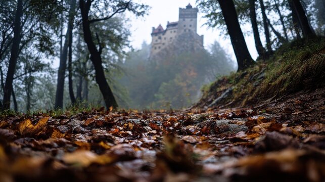 Autumn forest floor with fallen leaves and castle silhouette in mist