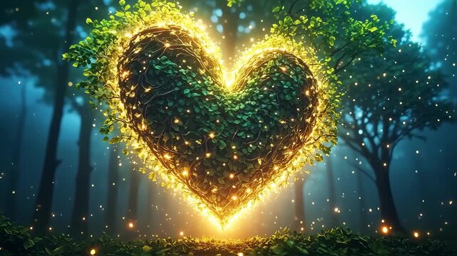 Glowing heart shaped plant design forest