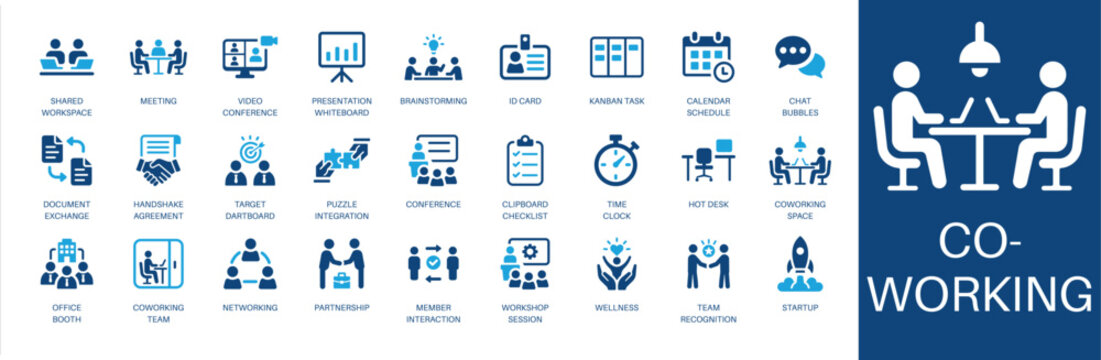 Coworking and workspace solid icon set. Featuring meeting, video conference, brainstorming, presentation whiteboard, and startup. Editable vector glyphs for team collaboration and corporate culture.