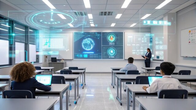 Futuristic classroom with digital displays and students using tablets, showcasing advanced technology in education