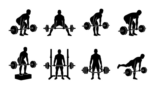 Weightlifting Exercise Silhouettes, Strength Training Icons, Barbell Workout Poses, Fitness Routine Illustrations, Gym Activity Set