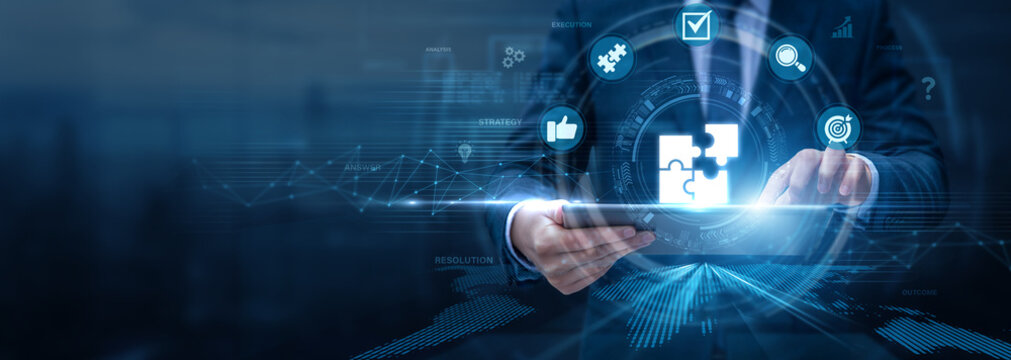 Business Consultant Analysing Solutions Using Tablet and Networking Data, problem-solving strategies, technology integration, operational efficiency, business transformation