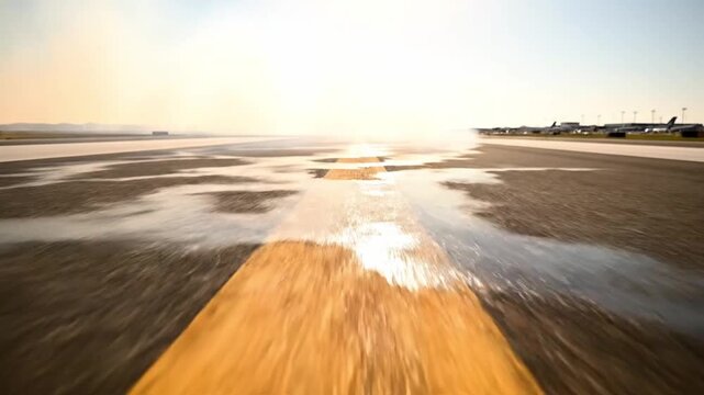 Airport runway with yellow center line at sunrise or sunset with planes in background on tarmac