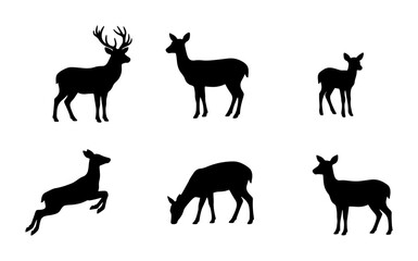 Fototapeta premium Deer Silhouette Collection, Wildlife Animal Vector Icons, Forest Fauna Graphic Elements, Nature Scene Symbols, Hunting Asset