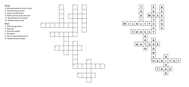 Forest & Nature Protection crossword puzzle template with clues and grid layout  
