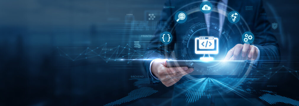 Web Developer Analysing Web Development Using Tablet and Networking Data, website creation, application design, coding solutions, digital platforms