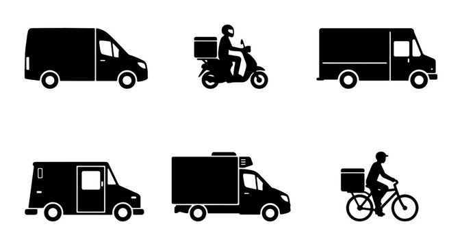 Delivery Vehicle Icons Set: Van, Scooter, Bicycle, Truck, Courier Service Vector Graphics