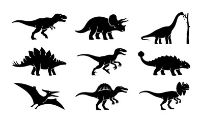 Dinosaur Silhouettes Collection, Prehistoric Reptile Icons, Jurassic Era Creatures Vector Set, Ancient Wildlife Graphics © Tahmina