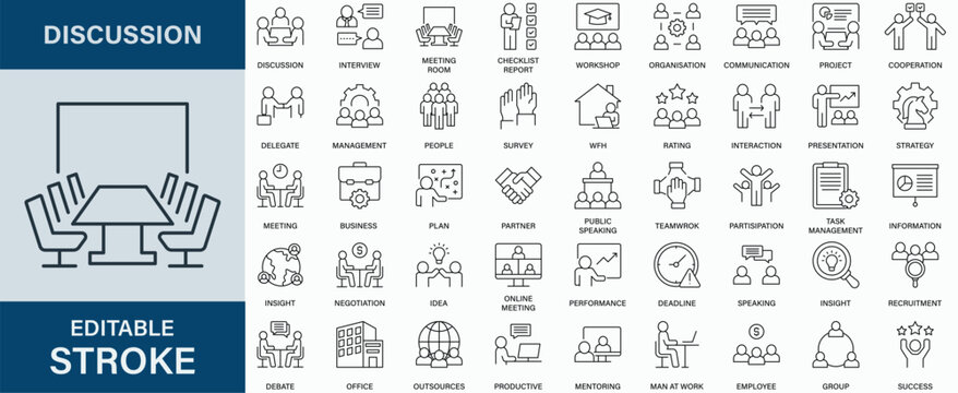 Discussion icon collection set. Editable stroke.