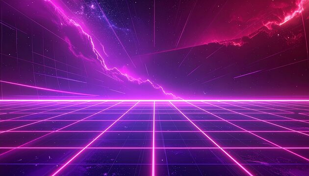 Retro 80s Synthwave Grid with Neon Pink and Electric Purple Perspective Floor