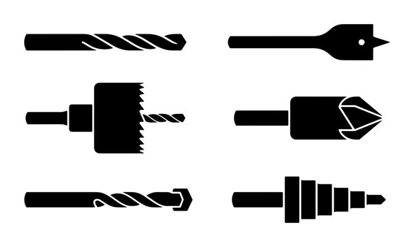 Set of Six Black Silhouette Drill Bits, Including Auger, Hole Saw, Spade, and Step Bits for DIY and Construction Projects