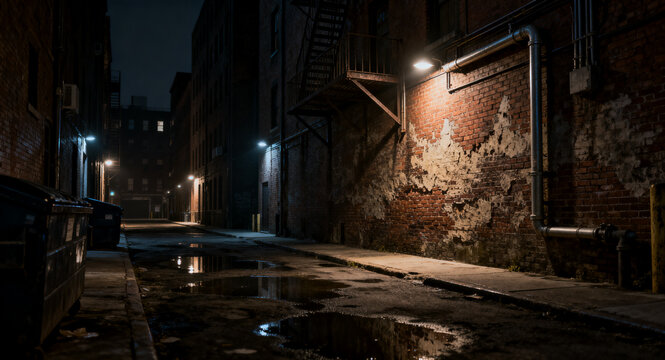 Dark urban alleyway at night with wet asphalt reflecting dim streetlights and old brick walls