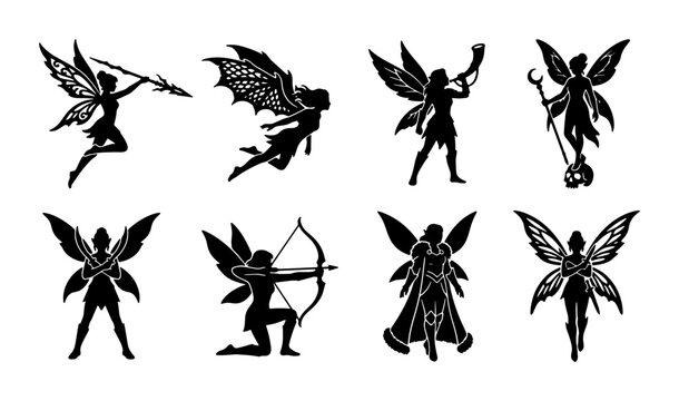 Magical Fairy Silhouettes Collection, Enchanted Mythical Creatures Vector Icons, Fantasy Sprites with Wings and Wands, Set of 8 Black and White Graphic Elements