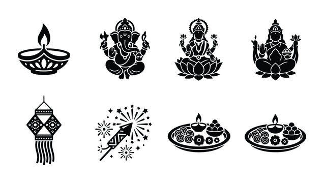 Diwali Icons Set: Ganesha, Lakshmi, Diyas, Lanterns, Fireworks, Thalis, Vector Graphics