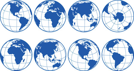 Planet earth world map globe sphere vector illustration set featuring blue geographic continents, latitude longitude grid lines, and global navigation perspective views. © Donal! 