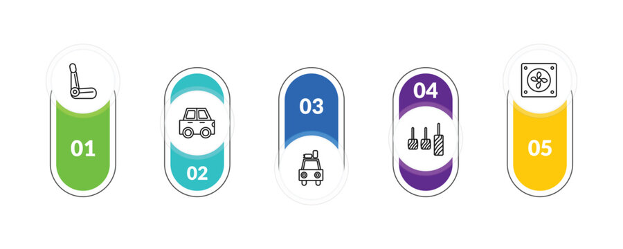 outline car parts icons set - car bucket seat, car hard top, accelerator, fan. editable vector for web and mobile ui